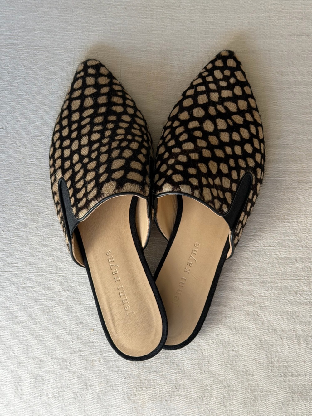 Jenni Kayne Black and Beige Patterned Haircalf Slip-On Mules